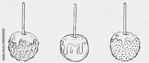 Hand drawn set of candy apples on sticks with varied toppings and glaze. Caramel apples on wooden stick. Vector sketch illustration in vintage crayon charcoal style