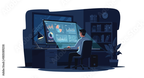 Focused man working late at night on computer displaying complex financial charts and data analysis dashboards
