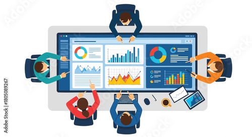 Diverse team of business professionals collaborating around a large digital screen displaying financial charts and data analytics