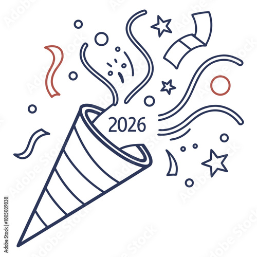 Illustration of a party popper with confetti and the year two thousand and twenty six displayed
