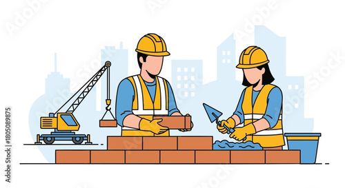 Two construction workers wearing hard hats and safety vests building a brick wall with a crane in the background