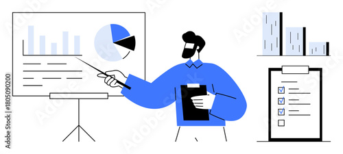 Presenter explaining graphs on board with pie chart and bar graph, holding clipboard near checklist and cityscape. Ideal for business, education, strategy, analysis, planning, teamwork, simple flat