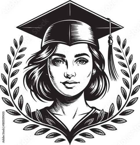 A black and white illustration of a graduating woman wearing a cap and gown, framed by a laurel wreath.