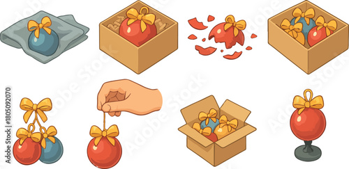 set of icons of bright Christmas balls for decorating the Christmas tree in different states and packaging, for social networks, holiday printing or other designs
