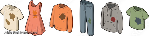 set of icons of various clothes with dirt stains of various origins, for social networks, holiday printing or other designs
