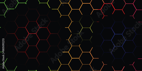 Abstract Digital Hexagon Gradient Pattern. Glowing Honeycomb Tech Black Background