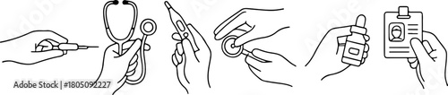 set of icons of human hands holding various medical instruments in line art style, for social media, holiday printing or other designs