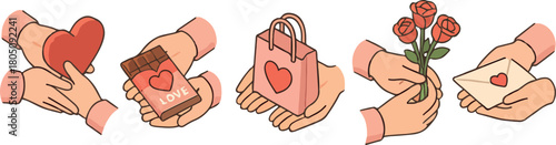 Set of Valentine's Day icons in pastel colors where people exchange themed gifts, for social media, holiday printing or other designs