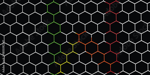 Abstract Digital Hexagon White, Red and Green Gradient Pattern. Glowing Honeycomb Tech Black Background