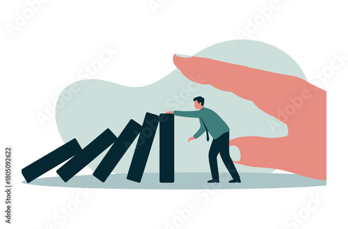 Man stopping domino effect with large hand intervening illustration