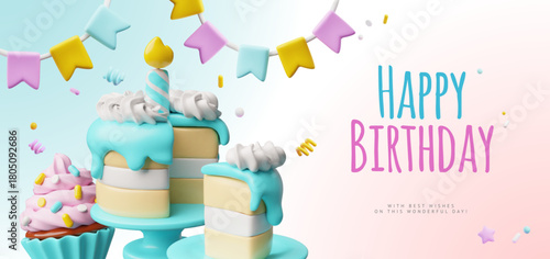 Happy Birthday 3D cartoon festive vector plastic style banner design, Birthday cake with burning candle with best wishes