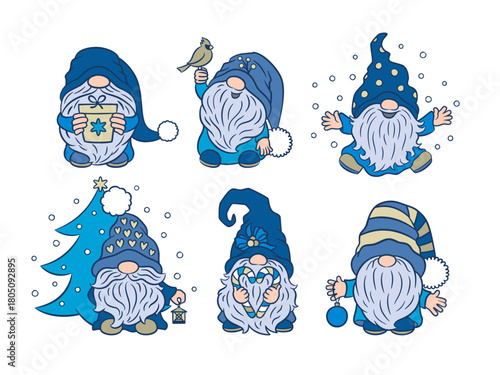 Christmas gnomes cute character collection in navy blue color. Retro vintage set of cartoon scandinavian dwarf icons for xmas design. Funny hat and beard. Popular holiday cuddly toy isolated vector.