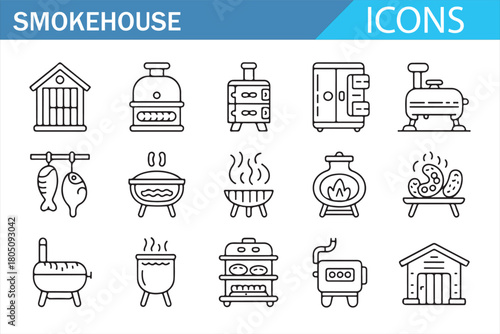 Vector Icons of Wood-Fired Ovens, Meat Hooks, and BBQ Gear