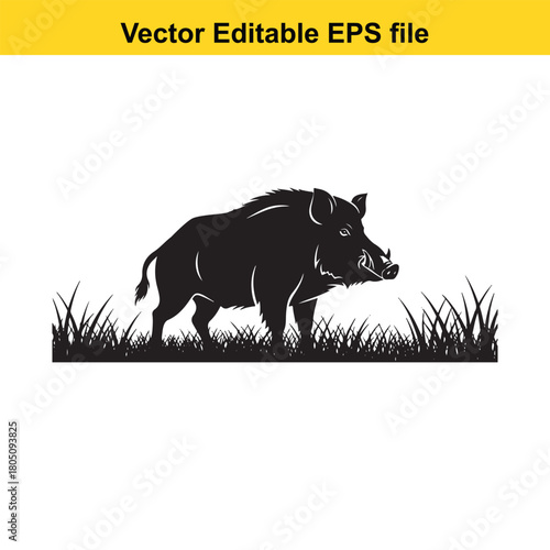 Black silhouette of a wild boar standing in grass, isolated on, vector illustration