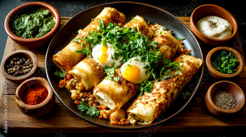 Savory rolled crepes topped with poached eggs and parsley, served with pesto and sour cream.