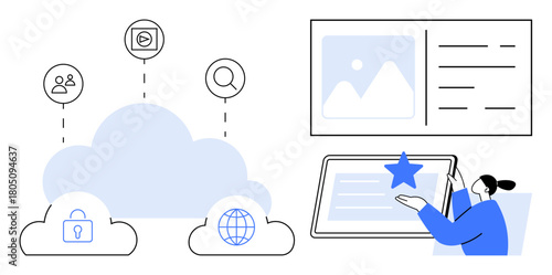 Cloud computing with lock, globe, icons, tablet with star, user pointing. Ideal for data sharing, analytics, online security, teamwork cloud services digital storage simple flat metaphor
