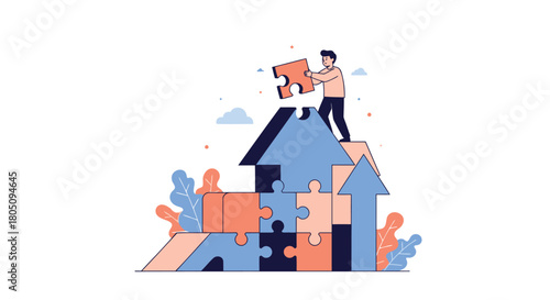 Man standing on a puzzle piece structure assembling the final piece to complete the upward pointing arrow shape