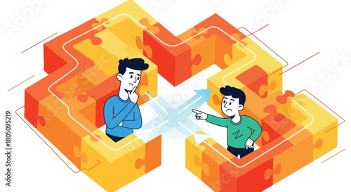 Two men in puzzle maze with arrows showing communication and disagreement one thinking one pointing