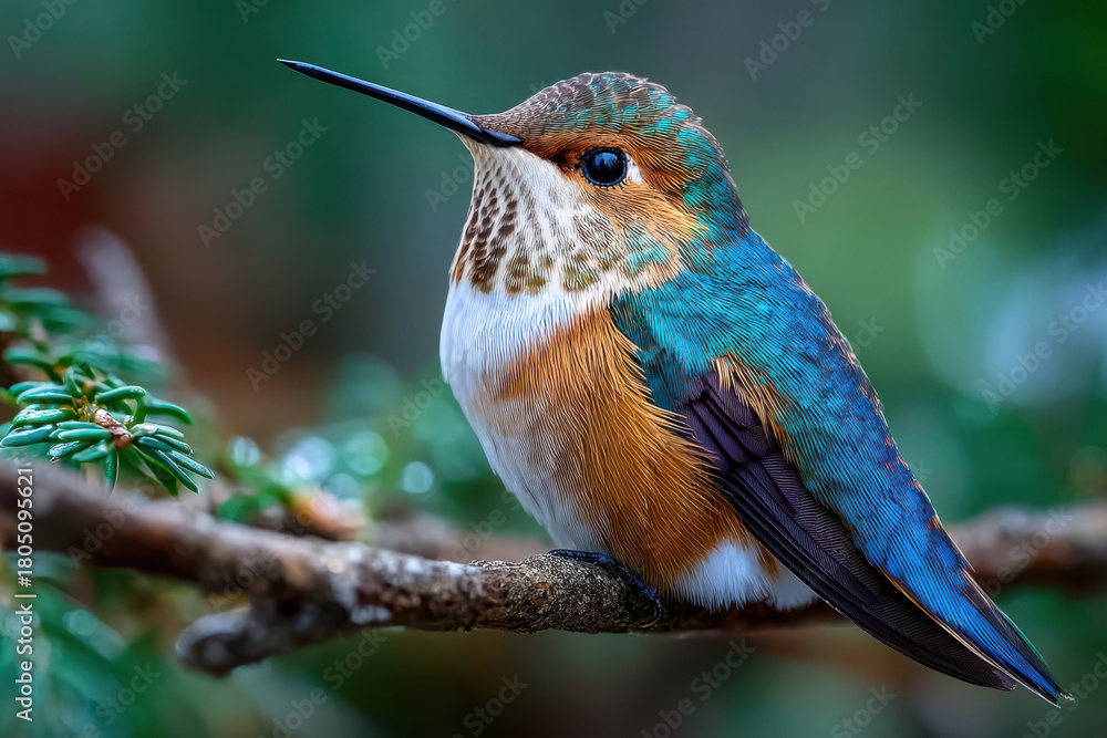 Fototapeta premium Hummingbird Perched on Branch in Green Forest