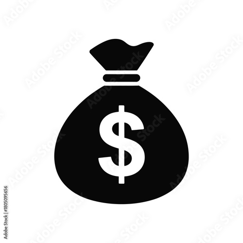 A simple black icon of a money bag with a dollar sign is depicted on a white background.