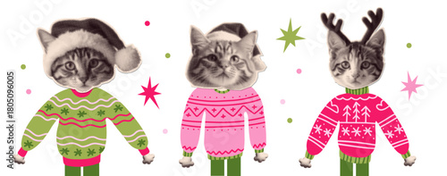 Whimsical set with Christmas cats wearing ugly sweaters. Halftone party kitty paper mixed media collage elements for funny greeting cards and posters. Vintage vector illustration.