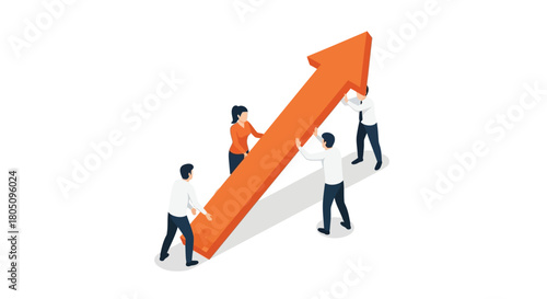 Diverse team of business professionals collaborating to lift and move an orange upward trending arrow symbolizing growth and success
