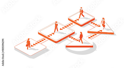 Isometric illustration of diverse people in business attire walking on interconnected platforms with directional arrows representing progress and workflow