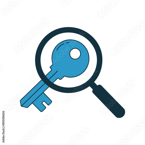 Magnifying glass focuses on a large blue key, representing search and discovery.