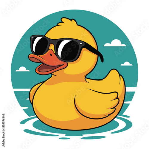 A cool rubber ducky wearing sunglasses floats in water.
