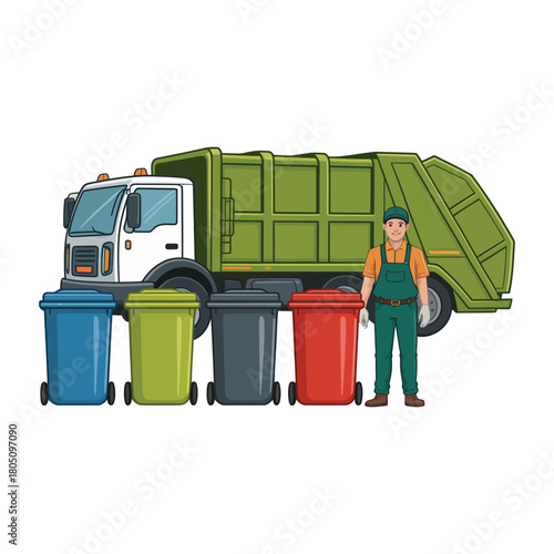 A sanitation worker stands with a garbage truck and four colorful waste bins.