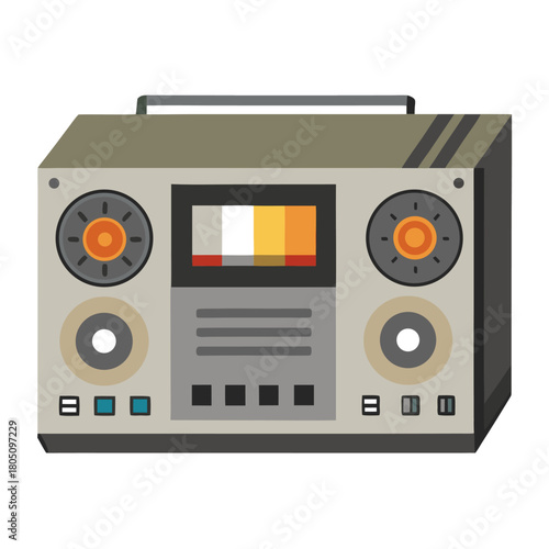 Vector illustration of old color tape recorder. Perfect for icon, logo, emblem, banner, label. Front view