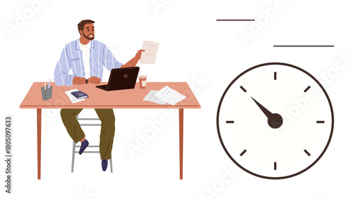 Worker on stool managing documents, laptop, and coffee. Clock emphasizes time management. Ideal for productivity, project management, multitasking, deadlines, task prioritization office workflow