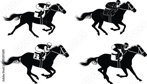 Set of black silhouette vector illustrations of jockeys riding galloping race horses, competing in a fast professional equestrian sport.