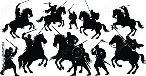 Set of black silhouette vector medieval knights riding horses and fighting with swords, shields, and spears in battle.