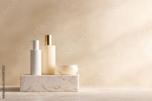 7. skincare products on marble pedestal, clean aesthetic, editorial style, soft afternoon glow, clean background for typography, generic props only