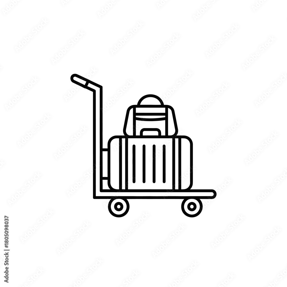 Fototapeta premium Black outline icon of a baggage cart with two stacked suitcases, featuring a ribbed suitcase and a smaller bag.