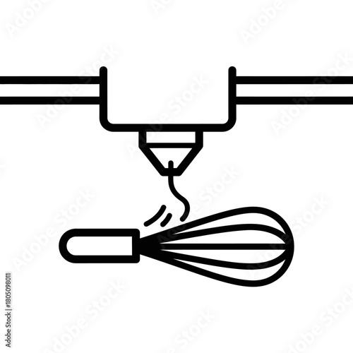 3D Printer Nozzle Printing a Whisk - Black and White Line Art Illustration.