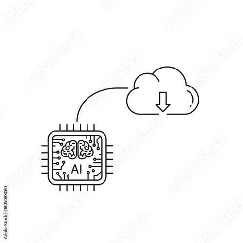 AI Microchip Brain Connected to Cloud Download Icon, Minimalist Line Art.
