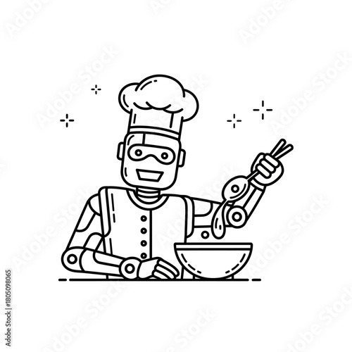 Cartoon Robot Chef with Chefs Hat and Chopsticks Preparing Food in a Bowl.
