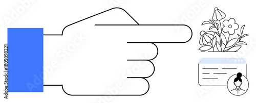 Large hand points at flowering plants near a browser window featuring a profile icon. Ideal for environment, growth, people networking, sustainability, online interaction, guidance, focus. Simple