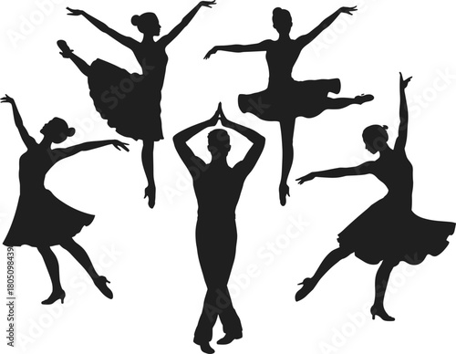Silhouette ballet dancers in elegant poses, male and female performers, graceful movement, artistic dance composition, flat vector illustration