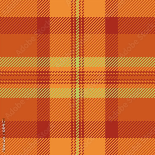 Duvet check tartan pattern, calm texture seamless textile. Tweed fabric plaid vector background in orange and red colors.