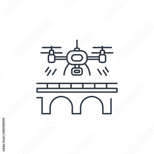 Outline icon of a quadcopter drone flying above an arched bridge, performing inspection.
