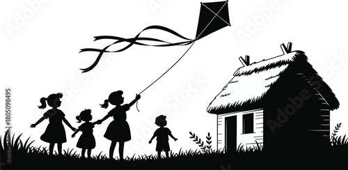 Silhouette of children flying kite near rural house, playful outdoor scene, childhood activity moment, flat vector illustration