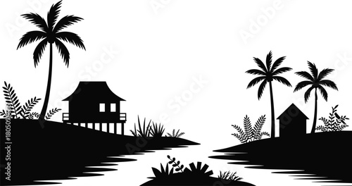 Silhouette tropical village with palm trees, river, houses on hills, peaceful nature scene, rural lifestyle view, flat vector illustration