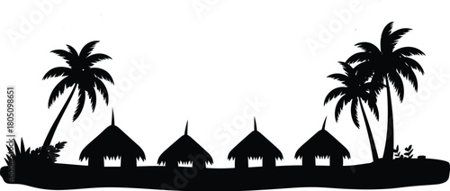 Silhouette tropical village with thatched huts, palm trees, curved ground, peaceful nature scene, island lifestyle view, flat vector illustration