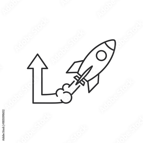 Rocket Launching with Arrow, Black Outline, Upward Trajectory, Smoke Trail.