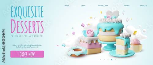 Exquisite desserts 3D cartoon plastic style vector advertising landing page design, festive custom cakes order service