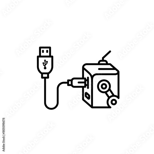 Simple Black and White Icon of a USB Cable Connected to a Cube-Shaped Device.