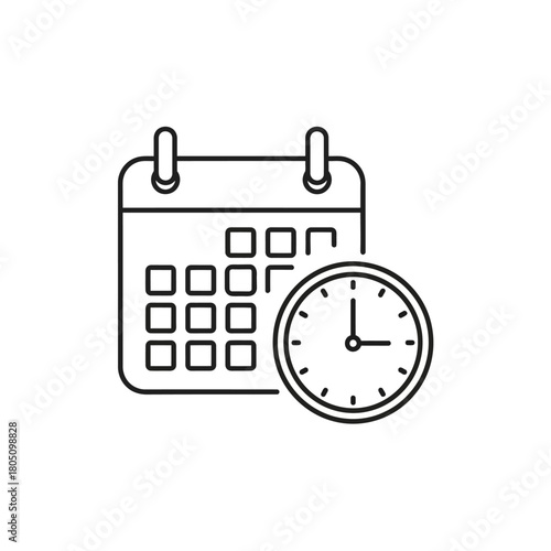 Simple Line Art Calendar Icon with Clock Overlay, Representing Time Management.